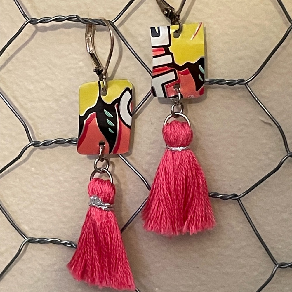 Beer can earrings - Pink and yellow handcrafted tin earrings